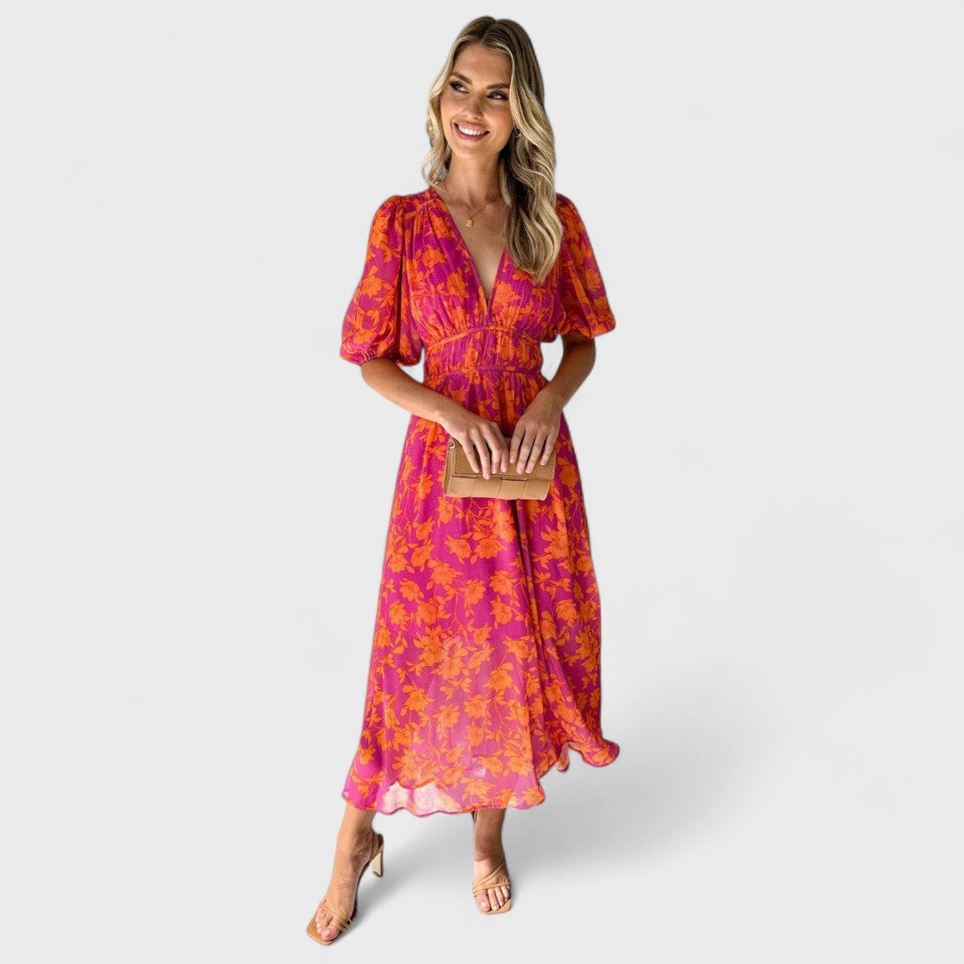 Katty - Abito midi floreale con maniche a sbuffo e scollo a V