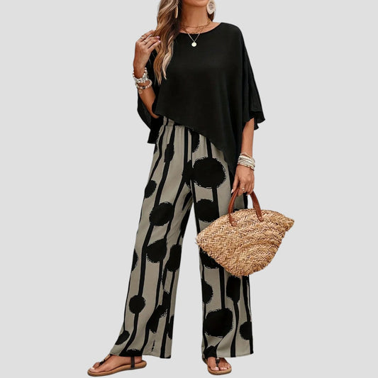 Milavie™ | Completo donna alla moda con top asimmetrico e pantalone stampato