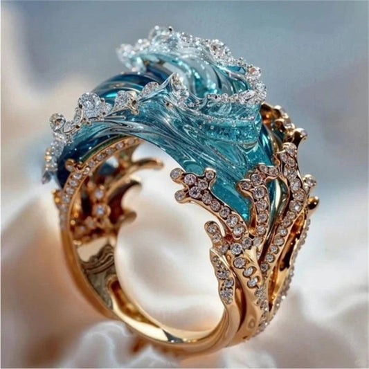 Anello - Con perla e oceano con design a onda