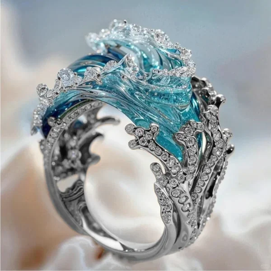 Anello - Con perla e oceano con design a onda